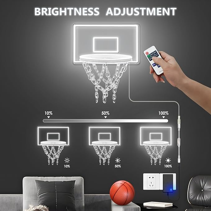 Basketball Hoop Neon Sign for Wall Decor,Dimmable Basketball Hoop Light,Sports Neon Signs with Ball and Pump,Basketball Toy Gift for Sports Fans(White)