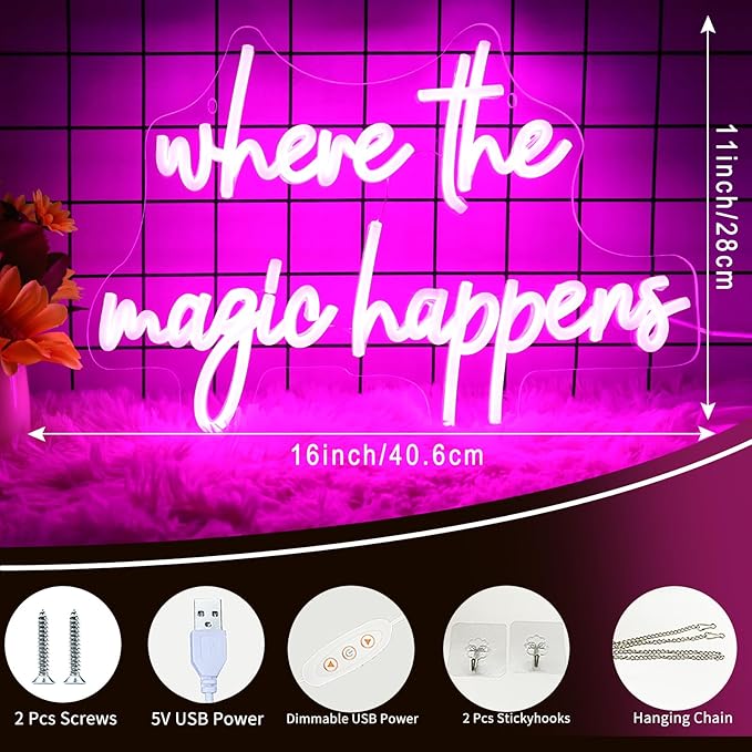 Where The Magic Happens Neon Sign Led Pink Light Up Signs for Wall Decor Usb Powered Letter Neon Light Signs for Bedroom Wedding Decor Birthday Party Shop Man Cave 16 x 11''(Pink)