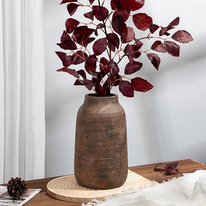 Briful 11in Rustic Ceramic Vase, Brown Vintage Flowers Vase, Extra-Large Rustic Farmhouse Vase, Whitewashed Terra Cotta Vase, Antique Pottery Pampas Vase for Home Living Room Kitchen Mantel Decor