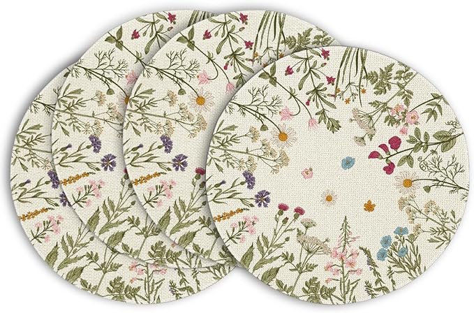 Artoid Mode Antique Herbs Wild Flowers Spring Placemats Set of 4, 14 Inch Summer Round Table Mats for Dining Decoration
