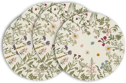 Artoid Mode Antique Herbs Wild Flowers Spring Placemats Set of 4, 14 Inch Summer Round Table Mats for Dining Decoration