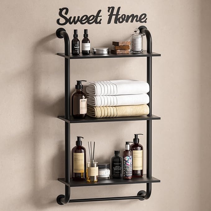 Rustic Farmhouse 3-Tier Wall Mounted Pipe Shelves, Industrial Floating Shelf Decor for Bathroom, Kitchen, Bedroom, Living Room - 17.3in Black