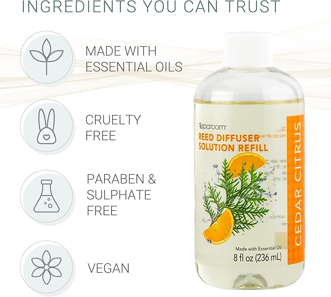 SpaRoom Reed Diffuser Oil Refill – Cedar Citrus Scent, 8oz Bright and Earthy Blend with Lemon Essentials, Invigorating Aroma for Home, Spa, or Office, Long Lasting Fragrance Solution