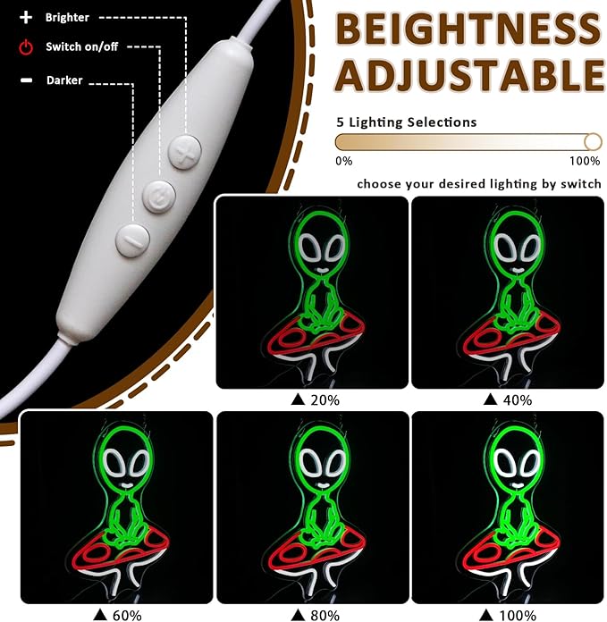 Mushroom Alien Neon Sign for Wall Decor, USB Dimmable Green Alien Neon Lights for Bedroom, Home, Game Room, Party, Beer Bar, Hip Hop Pub, Man Cave, Yoga Gifts