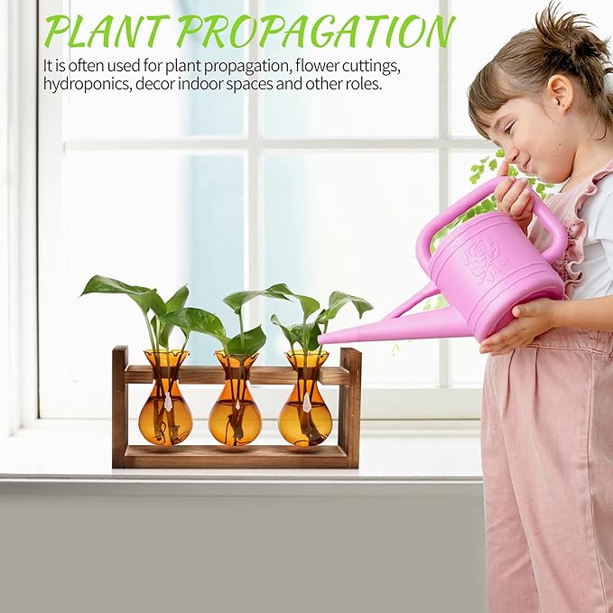 Plant Propagation Station Plant Terrarium Unique Birthday Gifts for Women Plant Lovers Home Office Decor Planter with Wooden Stand - 3 Bulb Glass Vase