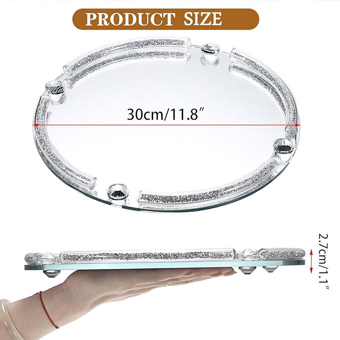 Hipiwe Glass Mirrored Tray, 11.8" Round Mirror Decorative Tray with Crushed Diamond Design for Jewelry, Cosmetics, Bathroom Countertop Makeup Organizer