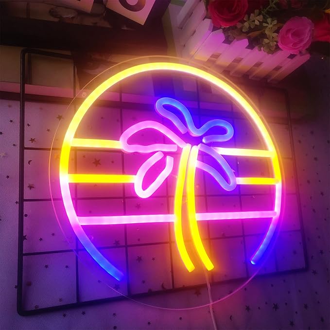 Sunset Neon Sign Dimmable Tropical Coconut Palm Tree Neon Sign 12''x 12'' Aesthetic Plam Tree Retro 80S Sunrise Palm Tree Neon Signs for Wall Decor Bar Birthday Christmas Home Decor