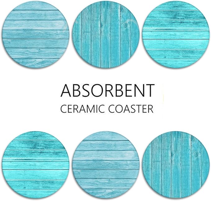 Britimes Coaster for Drinks Set of 6, Wooden Planks Blue Wood Paint Table Absorbent Round Ceramic Stone Mat, with Cork Base and Metal Holder, Gift for Housewarming Room Bar Decor