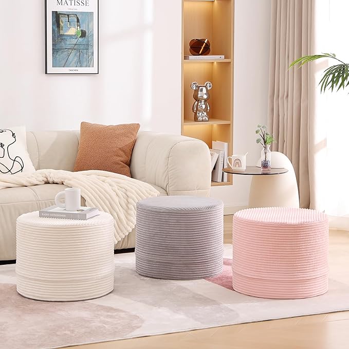 LITA Round Stuffed Pouf Ottoman, Velvet Poufs with High-Density Foam Filling and Washable Cover, Furry and Fluffy Bean Bag Foot Stools Ottoman for Living Room, Bedroom, Office, Grey