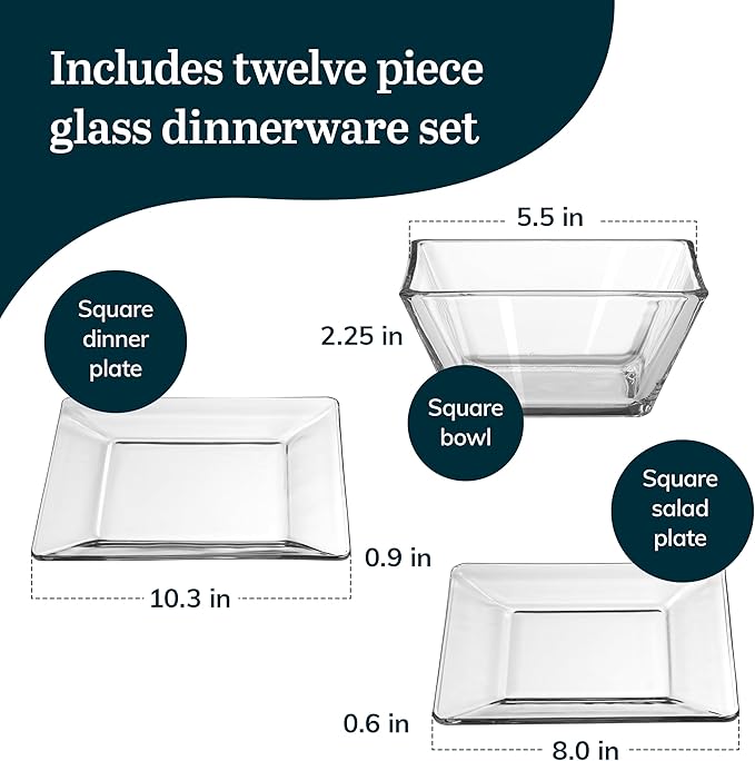 Libbey Tempo Glass Dinnerware Set, Sleek Square Clear Glass Plates and Bowls Set of 12, Dishwasher Safe Glass Dishes Set for Dinners and Parties