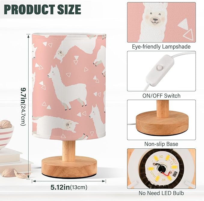 Table Lamp White Llama Alpaca Geometric Triangle on Pink Nightstand Lamp with Wood Base Fabric Lamp Shade Bedside Desk Lamp for Living Room Bedroom Kids Room Office