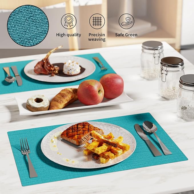 Cloth Placemats, Set of 6 Heat-Resistant Cotton Linen Blend Double Layered Machine Washable Place Mats, Wrinkle Free Thick Fabric Dining Table Mats for Indoors & Outdoors (Teal, 6)