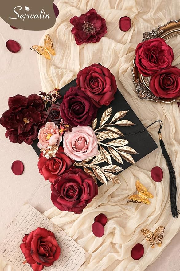 Serwalin Artificial Flowers Burgundy Pink Flowers Fake Wedding Flowers Cake Flowers for DIY Wedding Bouquets Bridal Shower Centerpieces Floral Arrangements Party Decor