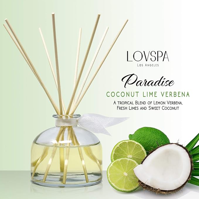 LOVSPA Coconut Lime Verbena Scented Reed Sticks Diffuser Set - Paradise by LOVSPA Fragrances - Tropical Blend of Lemon Verbena, Fresh Limes & Coconut - Made in The USA