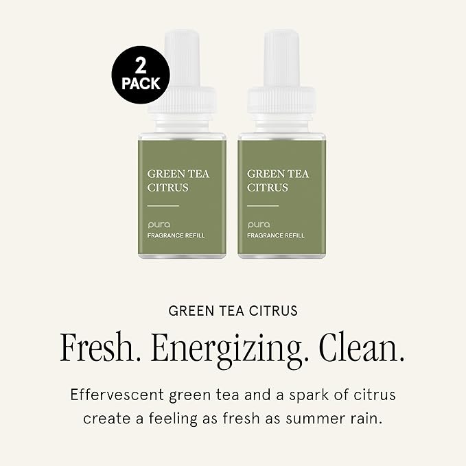 Pura Smart Home Air Diffuser Fragrance - Smart Home Scent Refill - Up to 120-Hours of Premium Fragrance per Refill - Clean Diffuser for Office & Apartment - 2 Pack, Green Tea Citrus