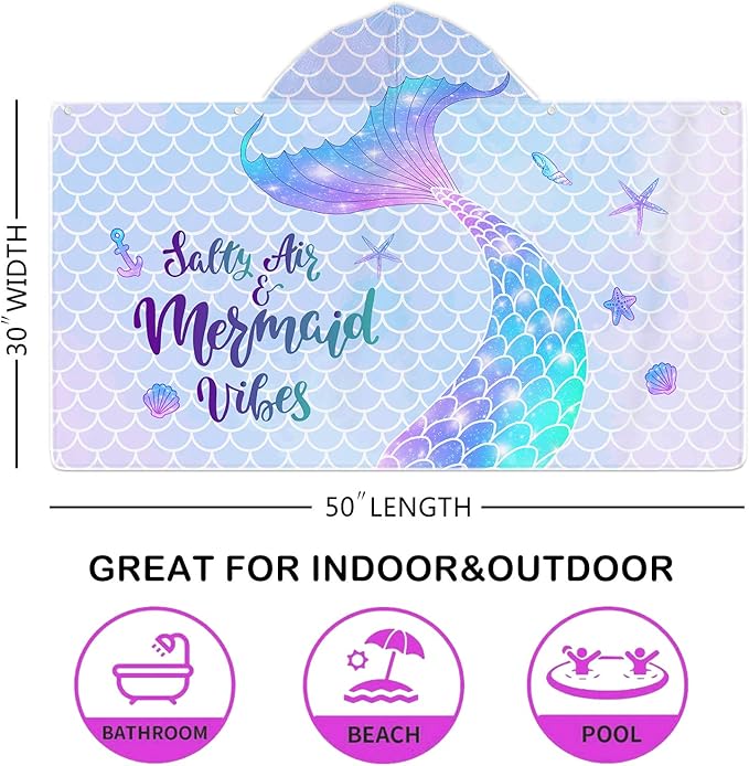 Mermaid Kids Hooded Beach Towel, Mermaid Tail Microfiber Hooded Poncho Towel for Girls 30?x50?? Mermaid Scales Pink Soft Absorbent Bath Towels Bathrobe with Hood for Swin Pool