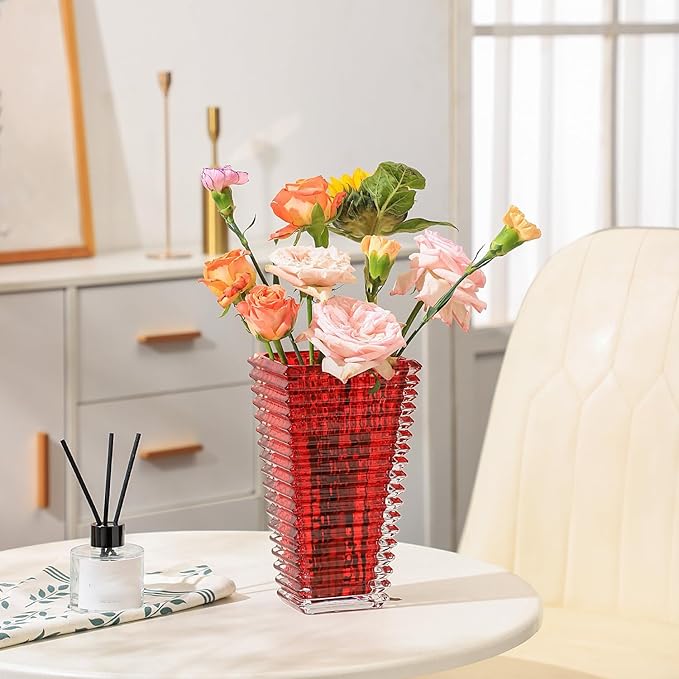 MCMCNCUIU Crystal Vase, Large Crystal Vases for Flowers, Large Flower Vase, Modern Red Vases for Living Room, Bedroom, Kitchen, Dining Table, Mantle, Wedding, 9 Inches