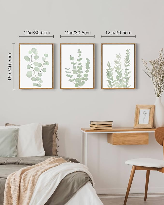 Drsoum Framed Botanical Plant Canvas Wood Wall Art Light Green Sage Wall Decor Eucalyptus Leaf Picture for Bedroom Living Room Bathroom Office 12βx 16β x 3pcs