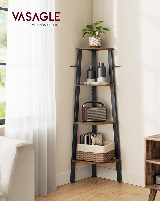 VASAGLE Corner Shelf Stand, 4-Tier Corner Bookshelf, Industrial Ladder Shelf, Plant Stand for Living Room, Office, Kitchen, Rustic Brown and Black ULLS34X