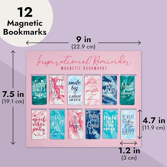 12 Pack Magnetic Bookmarks for Women - Inspirational Book Markers for Reading, Book Accessories (Marble)