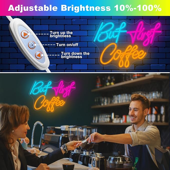 But First Coffee Neon Sign, Light Up USB Powered Dimmable Sign for Cafe Bar, Shop, Station Kitchen Home Bar Wall Decor, 16.14 * 11.81 Inch