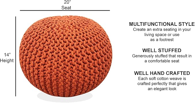 FRELISH DECOR Round Pouf Ottoman Hand Knitted 100% Cotton Pouf Foot Stool Knitted Bean Bag - Floor Chair for Living Room Bedroom - Foot Rest for Couch (20 Diameter x 14 Height) - Pumpkin Orange