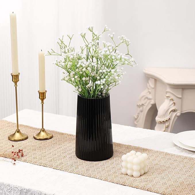 Black Ceramic Vase for Flowers, Large Modern Black Vase for Home Decor, Decorative Vase for Living Room, Office, Mantel, Shelf, Dining Table, 8 inches