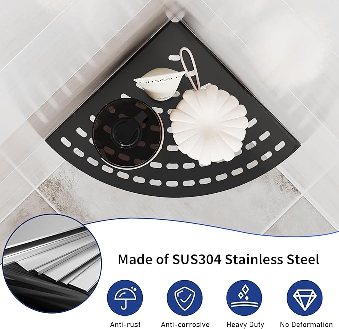 Corner Shower Shelves 304 Stainless Steel Matte Black 8in Corner Shower Shelf Drilling Installation Strong Load-Bearing Capacity