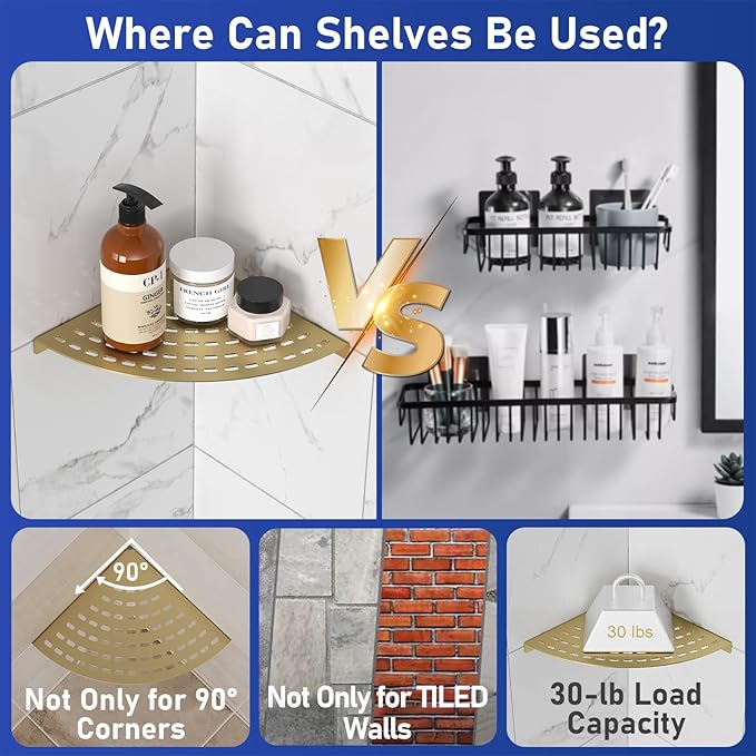 Corner Shower Shelves 304 Stainless Steel Brushed Gold 8in Corner Shower Shelf Drilling Installation Strong Load-Bearing Capacity