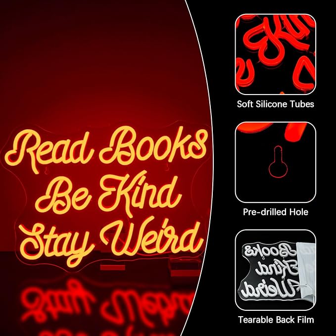 NEONLOVE Read Books Be Kind Stay Weird Neon Sign Red Neon Signs for Wall Decor Light Up Sign Dimmable Neon Sign for Bedroom Library Bookstore Party Neon Light Sign for Teen Classroom Neon Light Sign
