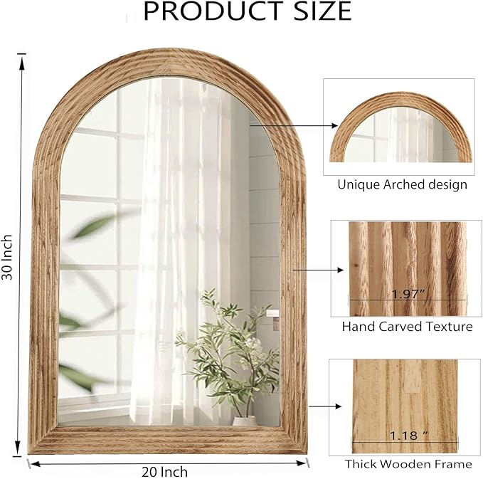 LOSOUR Arched Mirror, Farmhouse Decor Solid Wood Frame Wall Mirror, Bathroom Mirrors, Large Vintage Mirror for Bathroom, Living Room,Bedroom, Entryway, Hallway,Foyer (Brown, 20inch*30inch)