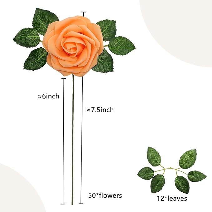 Artificial Flowers 50Pcs Orange Roses Real Looking Foam Fake Roses with Leaves for DIY Wedding Bouquets Bridal Shower Centerpieces Party Decorations (Orange, 50)