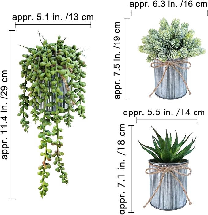 Winlyn Set of 3 Small Artificial Succulent Potted Plants Faux Aloe Hops Hanging Succulent in Rustic Galvanized Metal Pots Fake Plant Decor for Farmhouse Home Office Wedding Windowsill Table Shelf