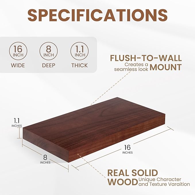Floating Shelves for Wall, Real Wood Floating Shelf Set of 2, 8 Inch Deep Floating Shelves, Rustic Wood Wall Shelf for Home Decor, Deep Storage Shelves for Bathroom, Kitchen, 16"W x 8"D, Walnut Color
