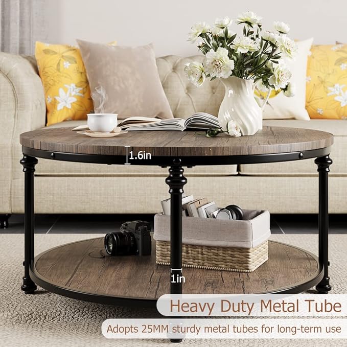 IDEALHOUSE Round Coffee Table for Living Room Rustic Center Table with Storage Shelf Wood Circle Coffee Table with Sturdy Metal Legs, Easy Assembly