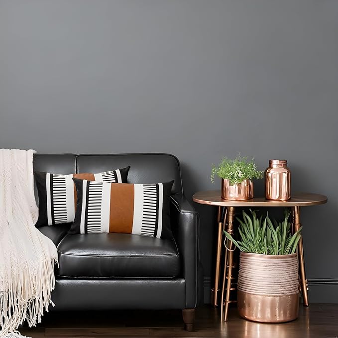 Boho Striped Lumbar Pillow Covers 12x20 inch, Modern Leather Couch Pillowcase,Farmhouse Home Decor, Black (Pack of 2, Cover ONLY)