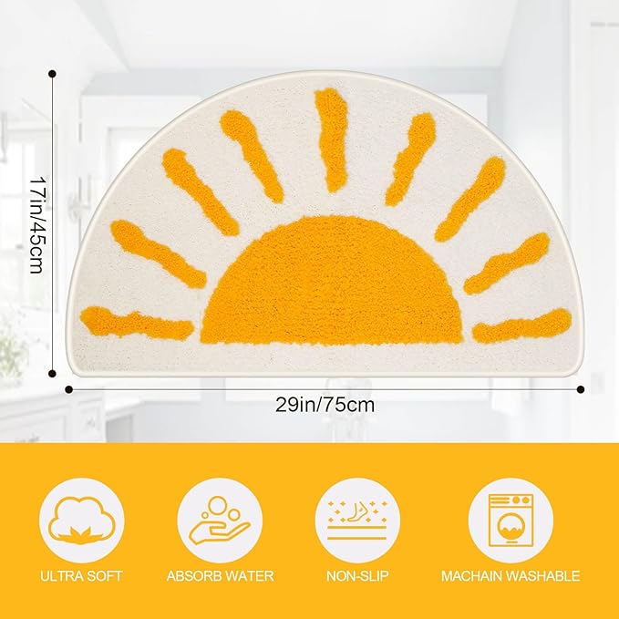 Bathroom Rugs Mat Half Circle - Cute Sun Fun White Yellow Boho Bath Mats Non Slip, Soft Absorbent Microfiber Bohemian Rug, Semi Round Machine Washable Rubber Rugs for Floor Bedroom Toilet Door Bathmat
