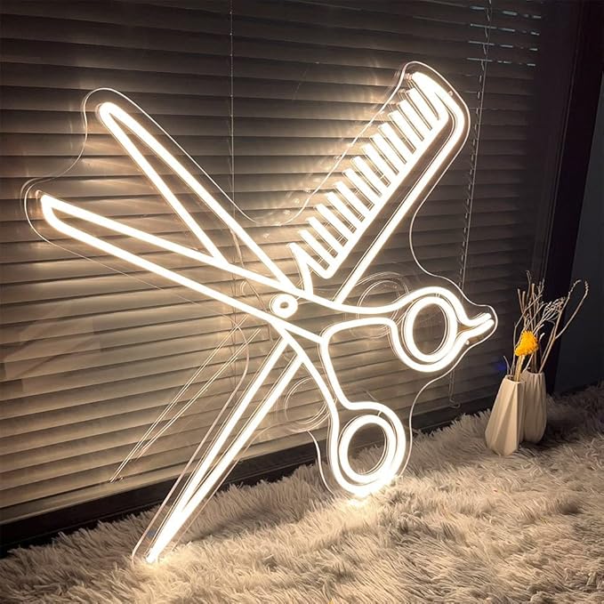 Scissors Neon Sign for Business-Adjustable Brightness Neon Lights Sign for Party Bar Salon Stores Shop Hotel Wall Decor With Hanging Chain for Store Windows-20 IN
