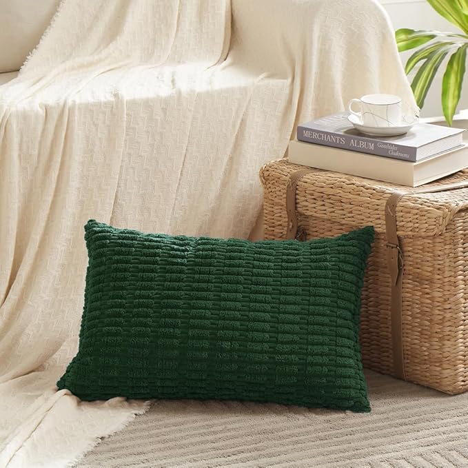 Fancy Homi Set of 4 Dark Green Lumbar Rectangle Decorative Throw Pillow Covers 14x24 Inch for Couch Bed Chair, Aesthetic Boho Room Decor, Soft Fuzzy Thick Corduroy Cute Textured Cushion Case 35x60cm