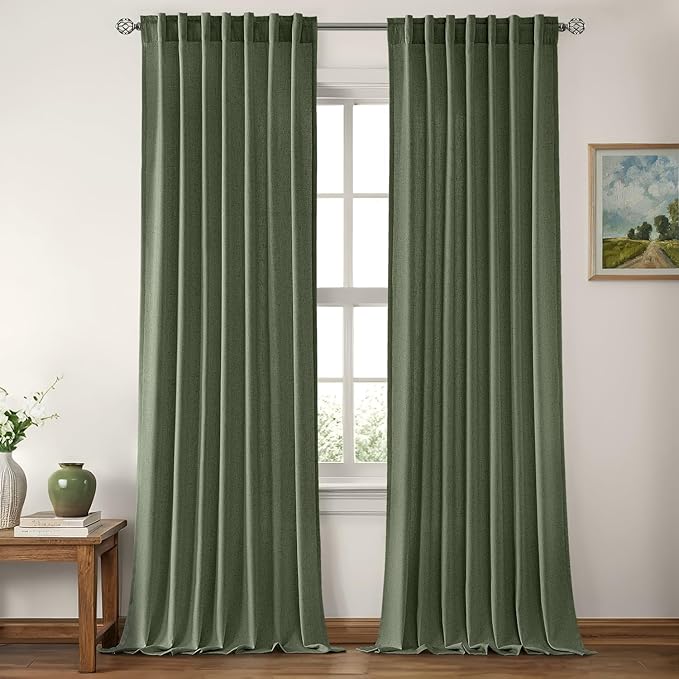 MIULEE Non-See-Through Privacy Linen Curtains 2 Panels, Olive Green Light Filtering Window Curtains Farmhouse Textured Back Tab Semi Sheer Drapes for Bedroom Living Room 90 Inches Long Dark Green
