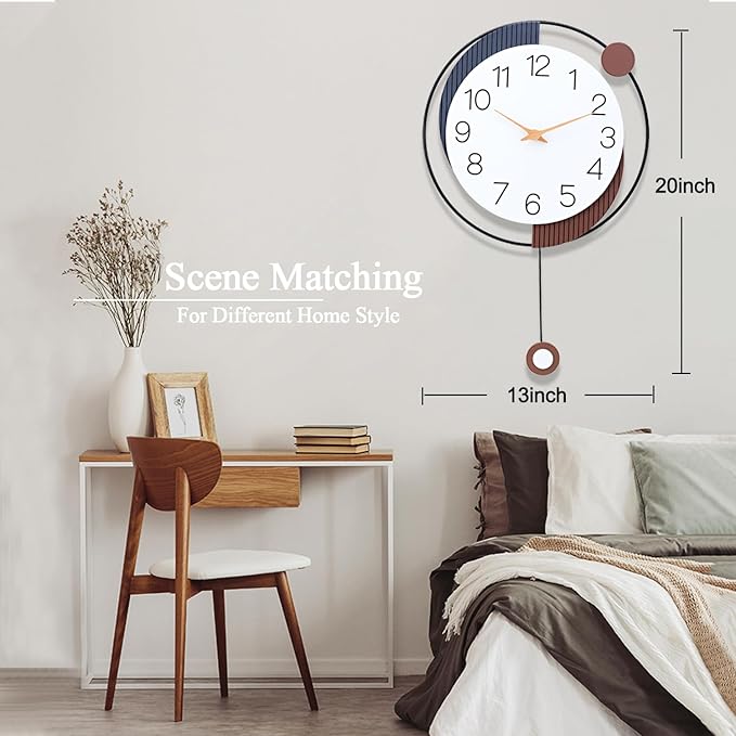 Decorative Silent Quartz Wall Clock with Pendulum, Battery Operated, Large 13x20 inch for Living Room, Kitchen, Home, Bathroom, Bedroom Wall Decor