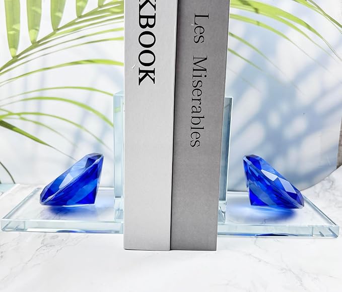 Crystal Bookends Decorative Glass Book Holders Heavy Duty Book Ends with Diamond for Shelf Decor Unique Book Stopper Blue