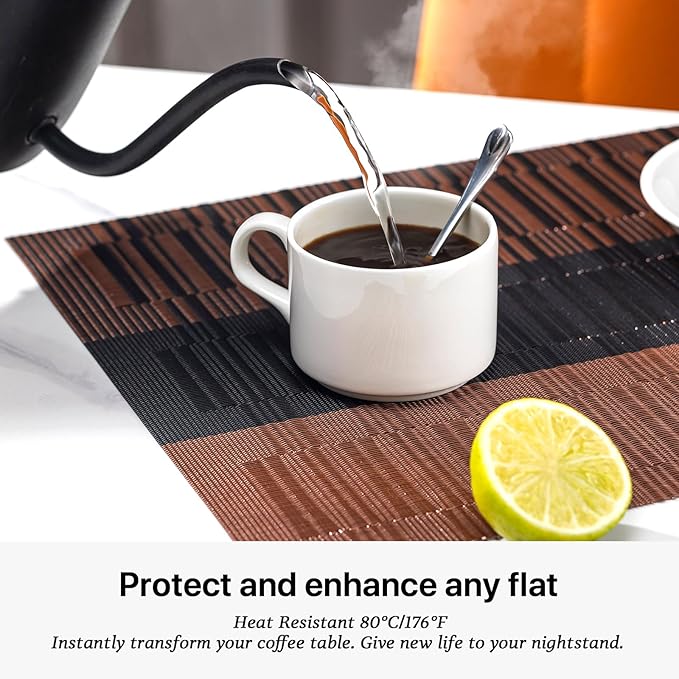 LEXMORE Placemats Set of 6 Vinyl/Plastic Woven Place Mats for Kitchen Table Indoor/Outdoor Washable Placemat Wipeable Dining Table Mats(Ombre Brown Black)