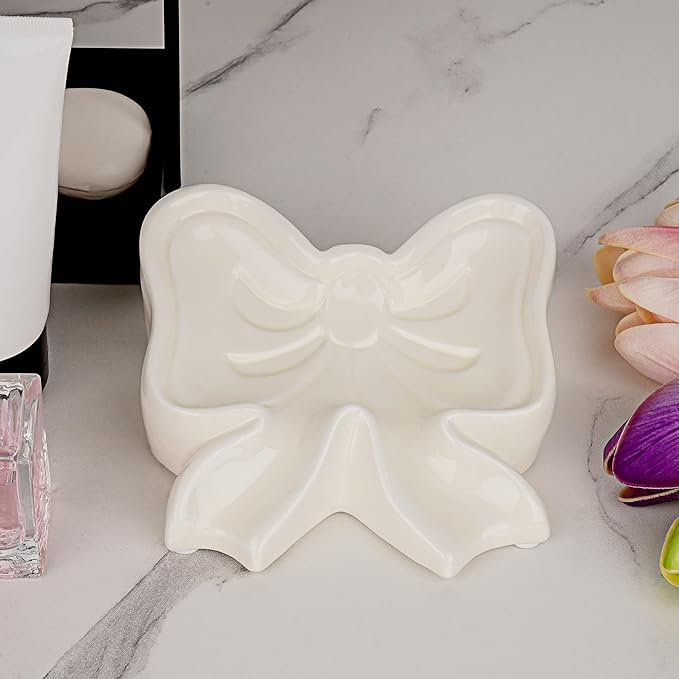 Bowknot Soap Dish, Bow Shaped Ceramic Drain Soap Box, Ceramic Soap Dish for Bathroom, Sinks, Kitchen (White)