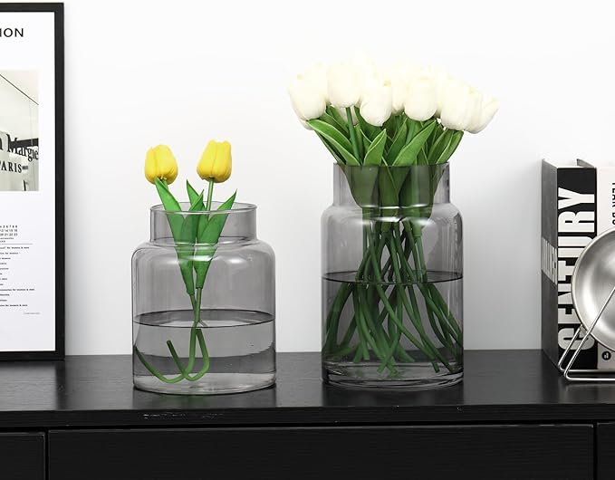 Large Glass Vase, Black Glass Vase Set of 2, Large Flower Vases for Bouquet, Tall Wide Mouth Vases for Flowers, Home, Wedding, Living Room, Office Decor, 7"+9"