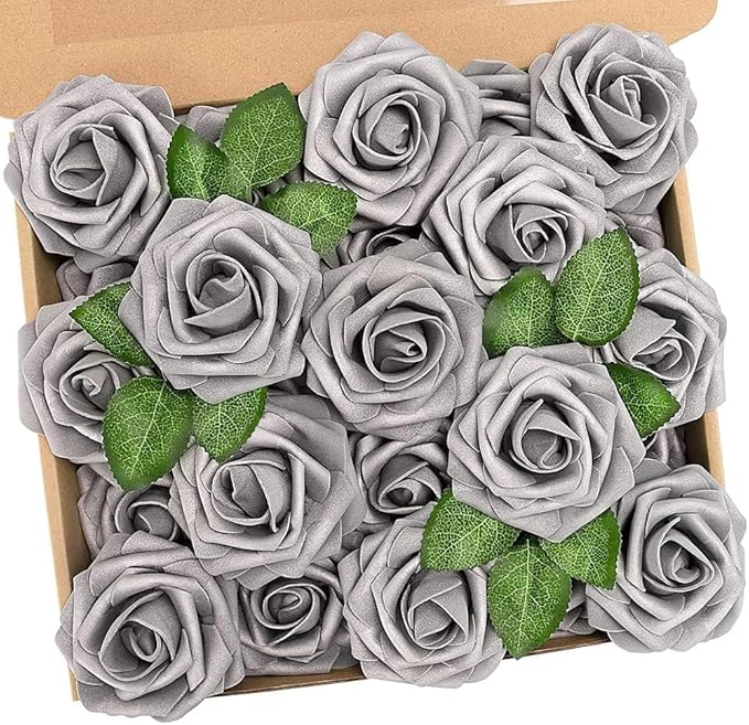 N&T NIETING Artificial Flowers, Fake Flowers Roses Perfect for DIY Wedding Bridal Bouquets Centerpieces Bridal Shower Party Home Flower Arrangement Decorations, 25Pcs, Silver Gray