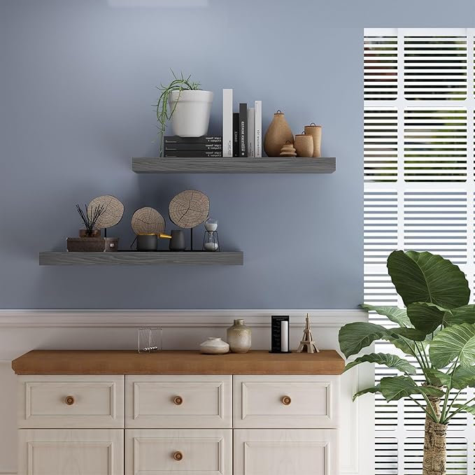 Floating Shelves for Wall- 17 Inch Natural Wood Shelves for Bathroom, Bedroom, Kitchen Decor, Farmhouse Decor Set of 2, Grey