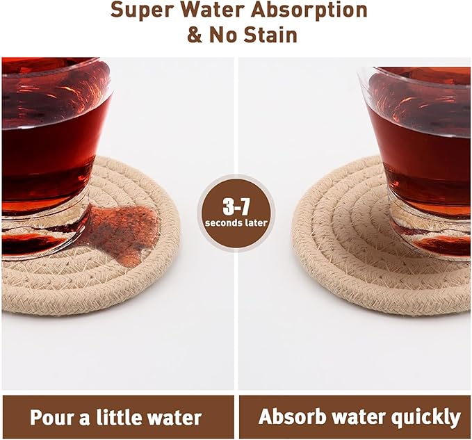 Boho Coasters Set of 8 for Drinks,4 Colors Absorbent Drink Coasters with Metal Holder, Cotton Woven Coaster, Minimalist Cup Coaster Set for Home Decor,Table Protection, Housewarming Gift (4.3 Inch)