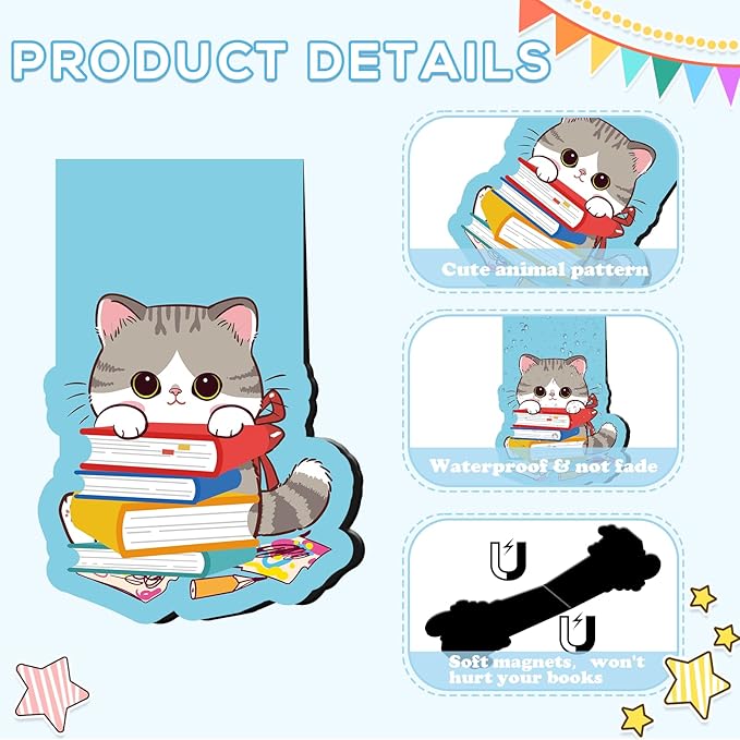 Cats Magnetic Bookmarks Gifts - 16 Pcs Cute Cat Book Mark Magnets Cartoon Cats Book Marks Page Pets Book Markers Clip Gifts for Book Lovers Students Teens Teacher School Reading Cat Lover