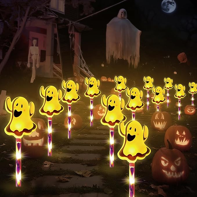 LOLStar Halloween Ghost Decorations 5-Pack Halloween Pathway Lights Outdoor, Waterproof Battery Operated Walkway Garden Stake Lights Makers with Timer 8 Flash Mode Light Up for Yard Patio Lawn Grave